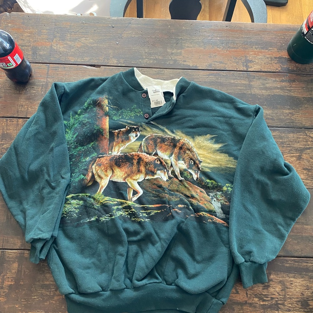 Forest Green Wolf Print Crewneck Sweater